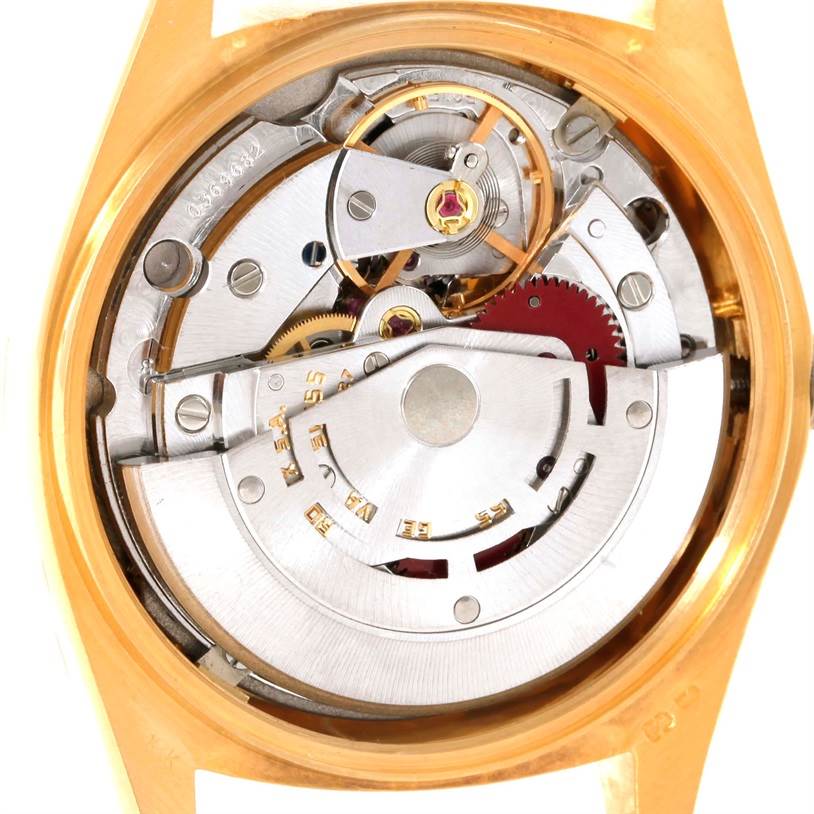 This image shows the internal mechanical movement of a Rolex President 18038 Men's Yellow Gold Blue Dial 18038 Men's Yellow Gold Blue Dial model watch, viewed from the back.