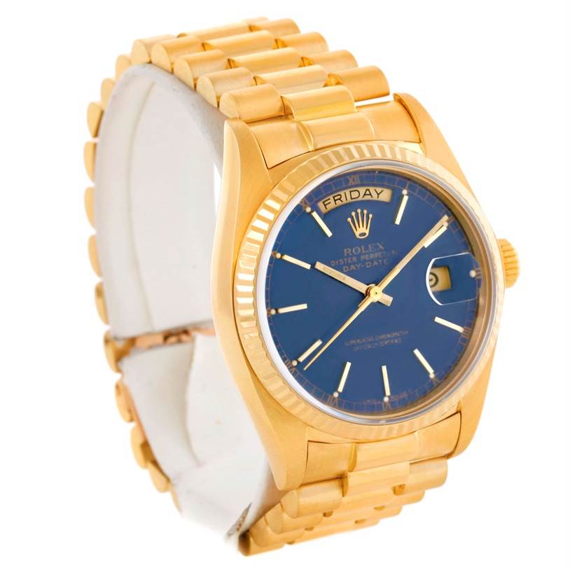 The image shows a Rolex President 18038 Men's Yellow Gold Blue Dial 18038 Men's Yellow Gold Blue Dial model watch at a three-quarter angle, displaying the face, band, crown, and day-date indicators.