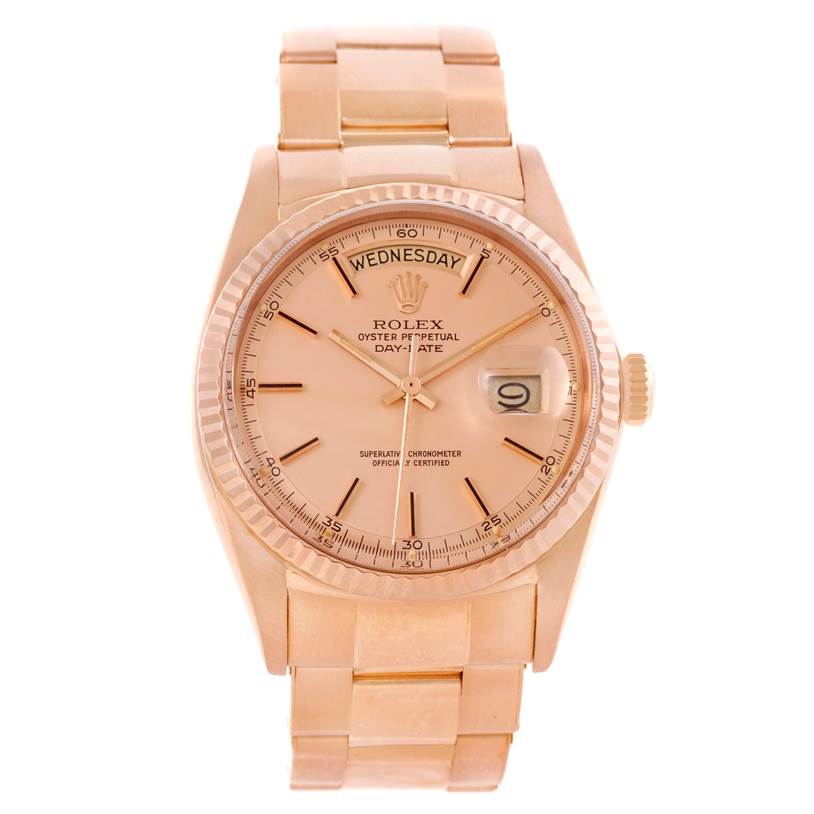 The image shows a frontal view of a Rolex President 1803 Men's Rose Gold Pink Dial 1803 Men's Rose Gold Pink Dial model watch, displaying the dial, bezel, bracelet, and day/date windows.