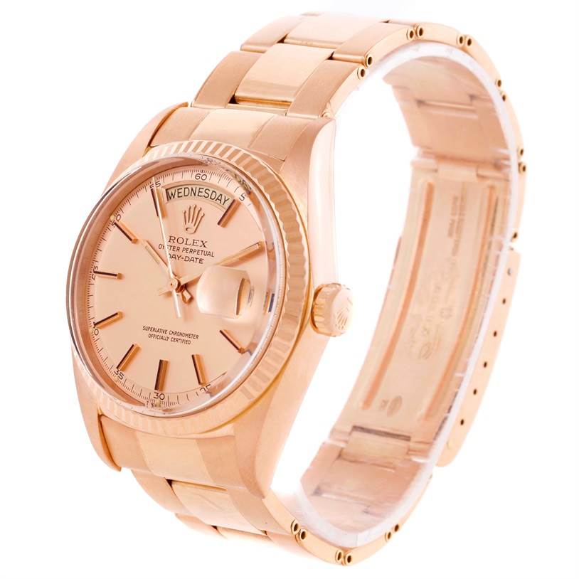 This image shows a Rolex President 1803 Men's Rose Gold Pink Dial 1803 Men's Rose Gold Pink Dial model watch at a three-quarter view, highlighting the face, bezel, crown, and bracelet.