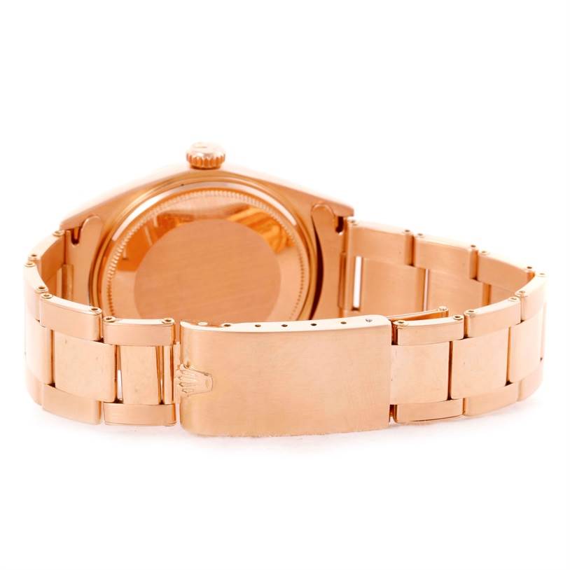 The image shows the back of the Rolex President 1803 Men's Rose Gold Pink Dial 1803 Men's Rose Gold Pink Dial watch, including the case back and bracelet with the clasp.