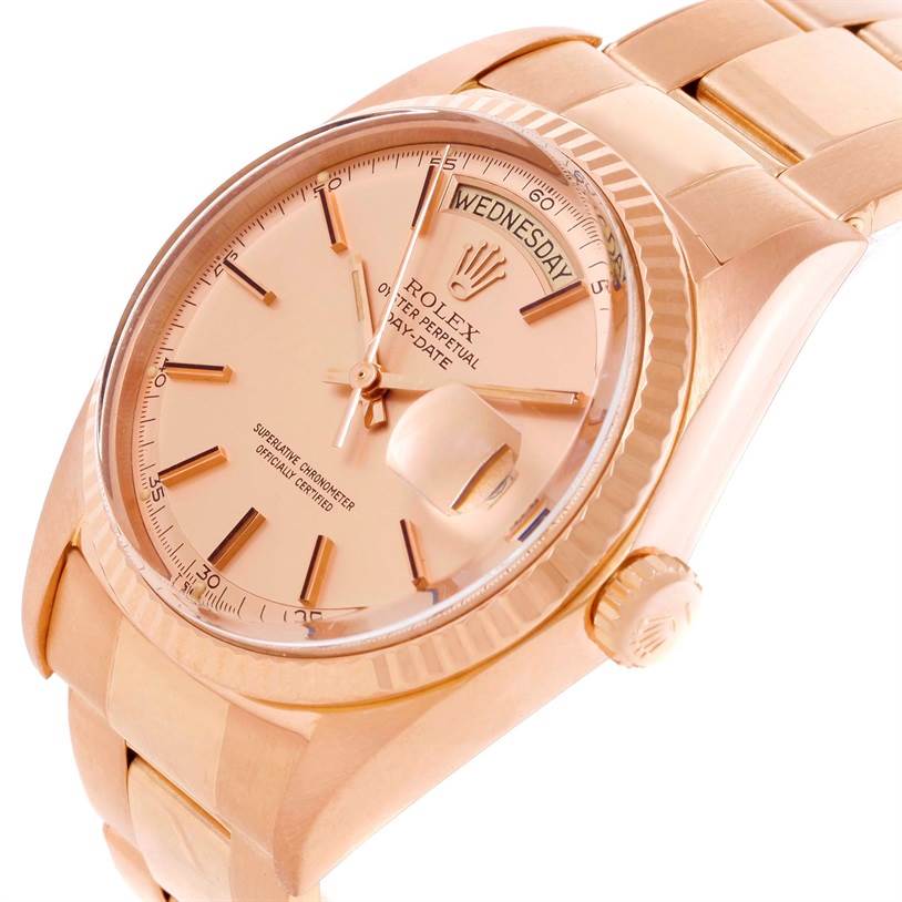 The image shows a Rolex President 1803 Men's Rose Gold Pink Dial 1803 Men's Rose Gold Pink Dial model watch at an angle highlighting the dial, bezel, crown, and part of the bracelet.