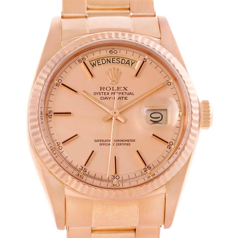 The image shows a close-up view of the Rolex President 1803 Men's Rose Gold Pink Dial 1803 Men's Rose Gold Pink Dial model watch, displaying its face, bezel, and part of the band.