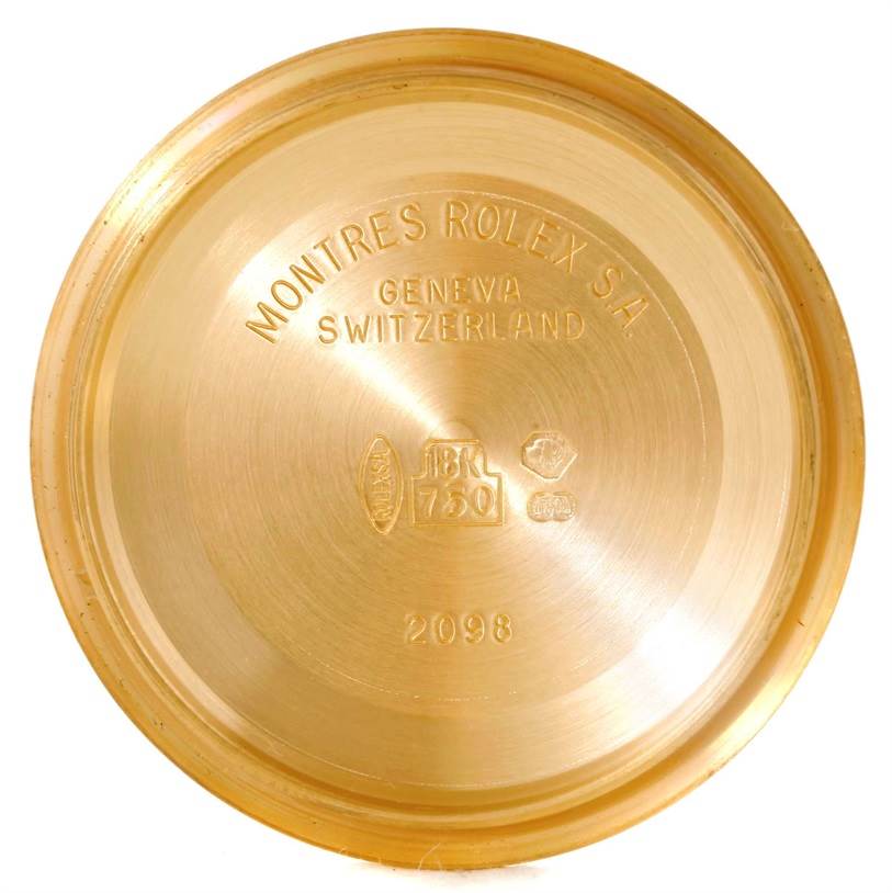 This image shows the inside of the case back for a Rolex President 118208 Men's Yellow Gold Black Dial 118208 Men's Yellow Gold Black Dial model watch.