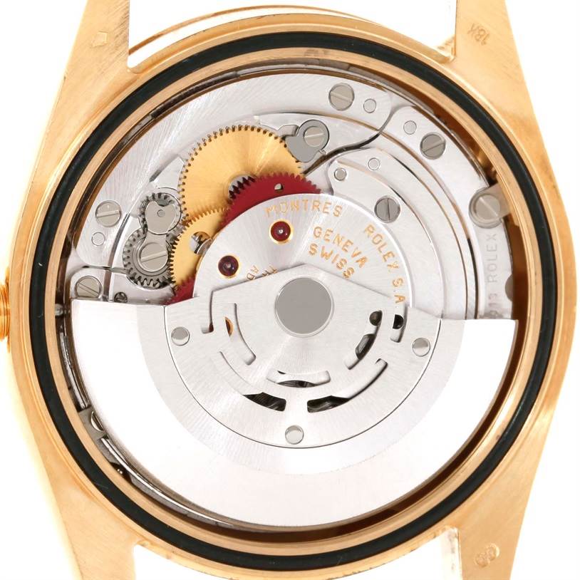 This image shows the internal mechanism of a Rolex President 118208 Men's Yellow Gold Black Dial 118208 Men's Yellow Gold Black Dial model watch viewed from the back.