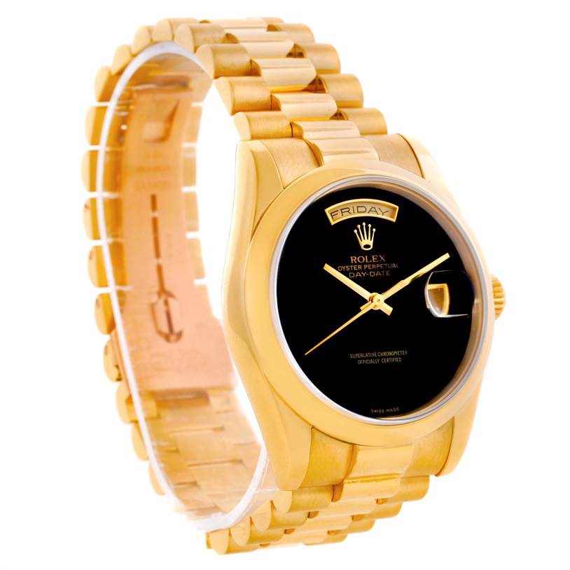 The image shows a Rolex President 118208 Men's Yellow Gold Black Dial 118208 Men's Yellow Gold Black Dial model watch from a three-quarter angle, highlighting its gold bracelet, black dial, and day/date display.