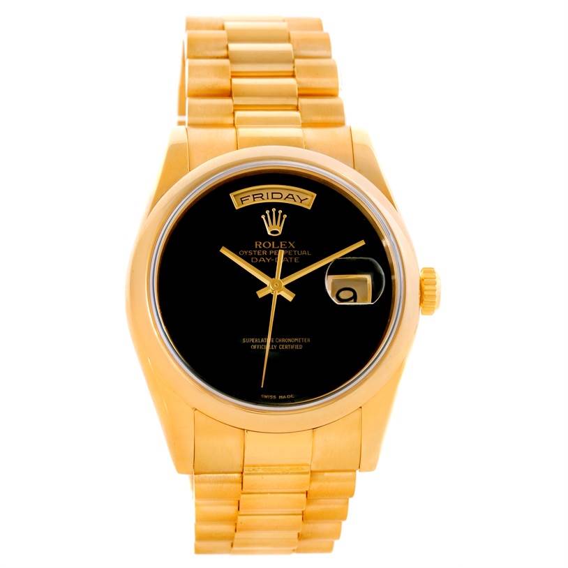 This is a front-view image of a Rolex President 118208 Men's Yellow Gold Black Dial 118208 Men's Yellow Gold Black Dial model watch, showcasing its gold bracelet, black dial, and day-date display.