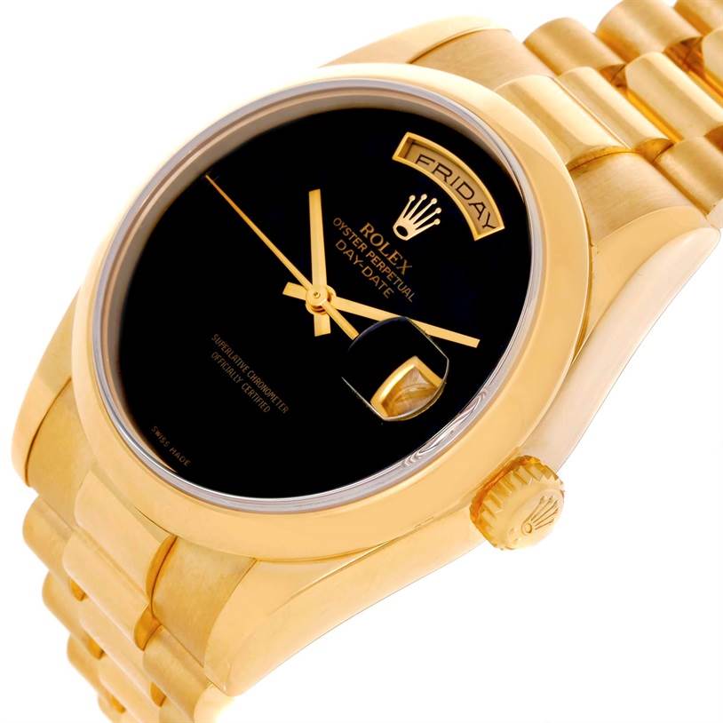 This is an angled close-up of the Rolex President 118208 Men's Yellow Gold Black Dial 118208 Men's Yellow Gold Black Dial model watch, showing the dial, bracelet, bezel, and crown.