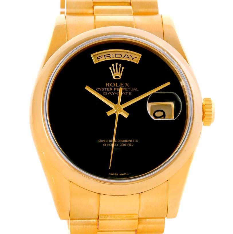Rolex Day Mens 18k Yellow Gold Black Onyx Watch 118208 | SwissWatchExpo