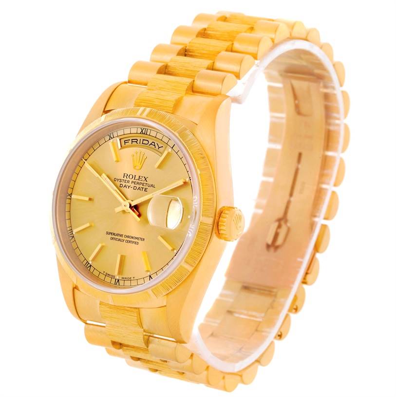 This image shows a Rolex President 18248 Men
s Yellow Gold Champagne Dial 18248 Men
s Yellow Gold Champagne Dial model watch from an angled front view, highlighting the dial, day-date display, and bracelet.