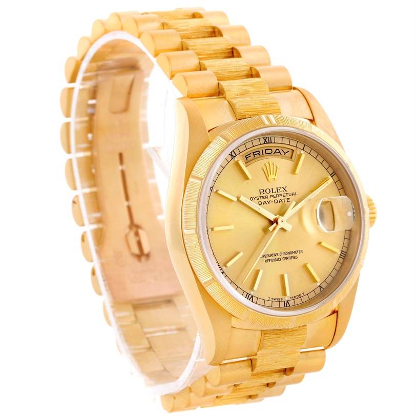 The Rolex President 18248 Men
s Yellow Gold Champagne Dial 18248 Men
s Yellow Gold Champagne Dial model watch is shown at a slight angled view, displaying the dial, bezel, and bracelet.