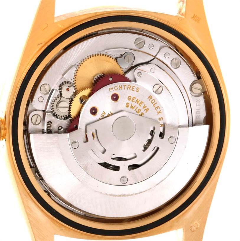The image shows the internal movement mechanism of a Rolex President 18248 Men
s Yellow Gold Champagne Dial 18248 Men
s Yellow Gold Champagne Dial model viewed from the back.