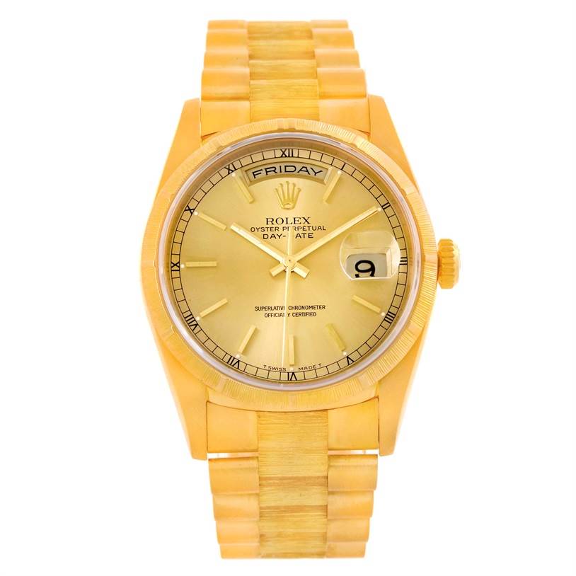 The image shows a front view of the Rolex President 18248 Men
s Yellow Gold Champagne Dial 18248 Men
s Yellow Gold Champagne Dial model, displaying its bracelet, dial, day, and date features.