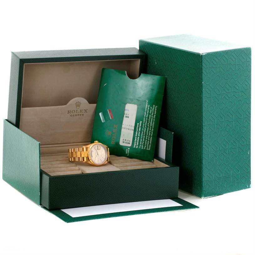 The image shows a Rolex President 18248 Men
s Yellow Gold Champagne Dial 18248 Men
s Yellow Gold Champagne Dial model watch inside its green box, with accompanying documents visible.