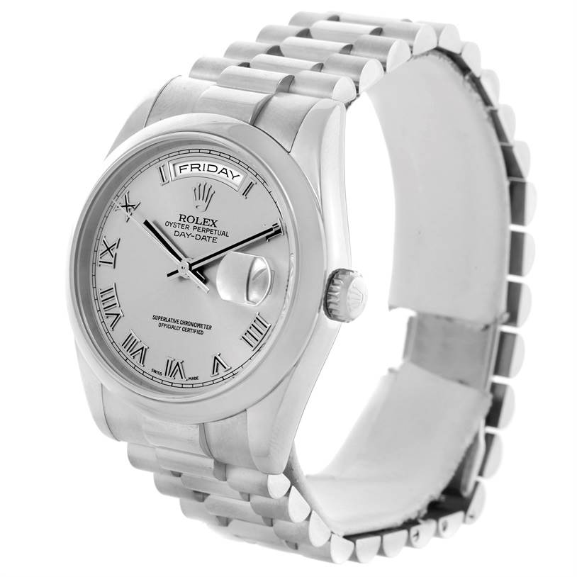 This Rolex President 118209 Men's White Gold Silver Dial 118209 Men's White Gold Silver Dial model watch is shown from a three-quarter angle, highlighting its face, band, and crown.