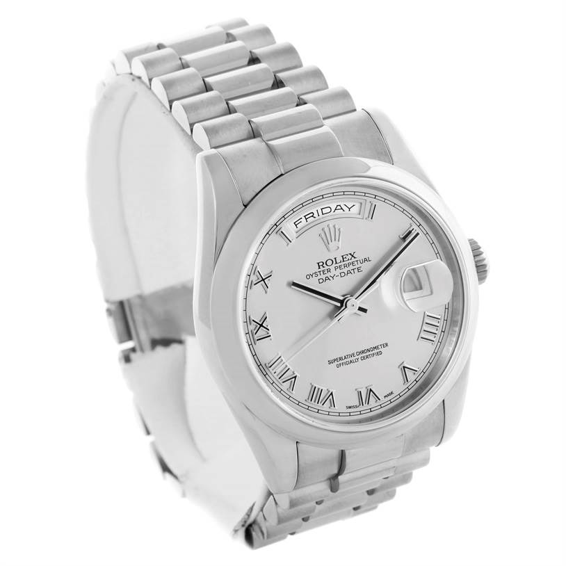 The image shows a Rolex President 118209 Men's White Gold Silver Dial 118209 Men's White Gold Silver Dial model watch at a three-quarter angle, highlighting its dial, bracelet, and bezel.