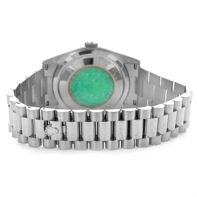 The image shows the case back and bracelet of a Rolex President 118209 Men's White Gold Silver Dial 118209 Men's White Gold Silver Dial model watch from a rear angle.