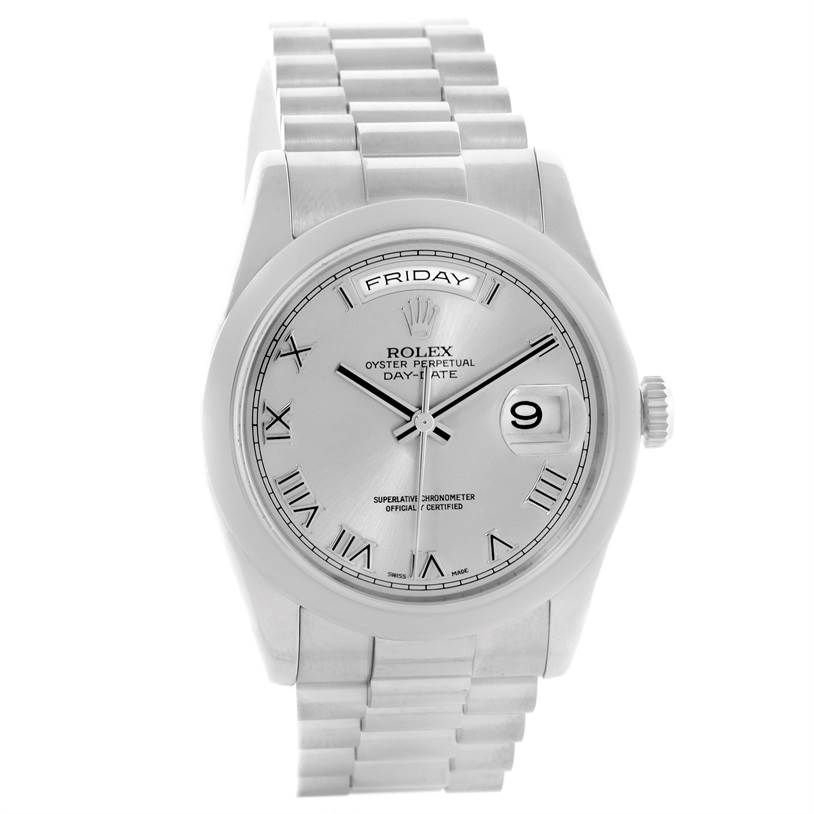 The image shows a frontal view of a Rolex President 118209 Men's White Gold Silver Dial 118209 Men's White Gold Silver Dial model watch, displaying its face, bracelet, and day-date feature.