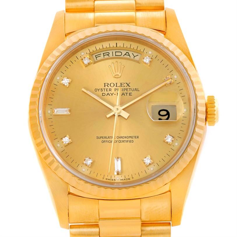 This image shows the front view of the Rolex President 18238 Men
s Yellow Gold Champagne Dial 18238 Men
s Yellow Gold Champagne Dial model watch, focusing on the dial, bracelet, and bezel.