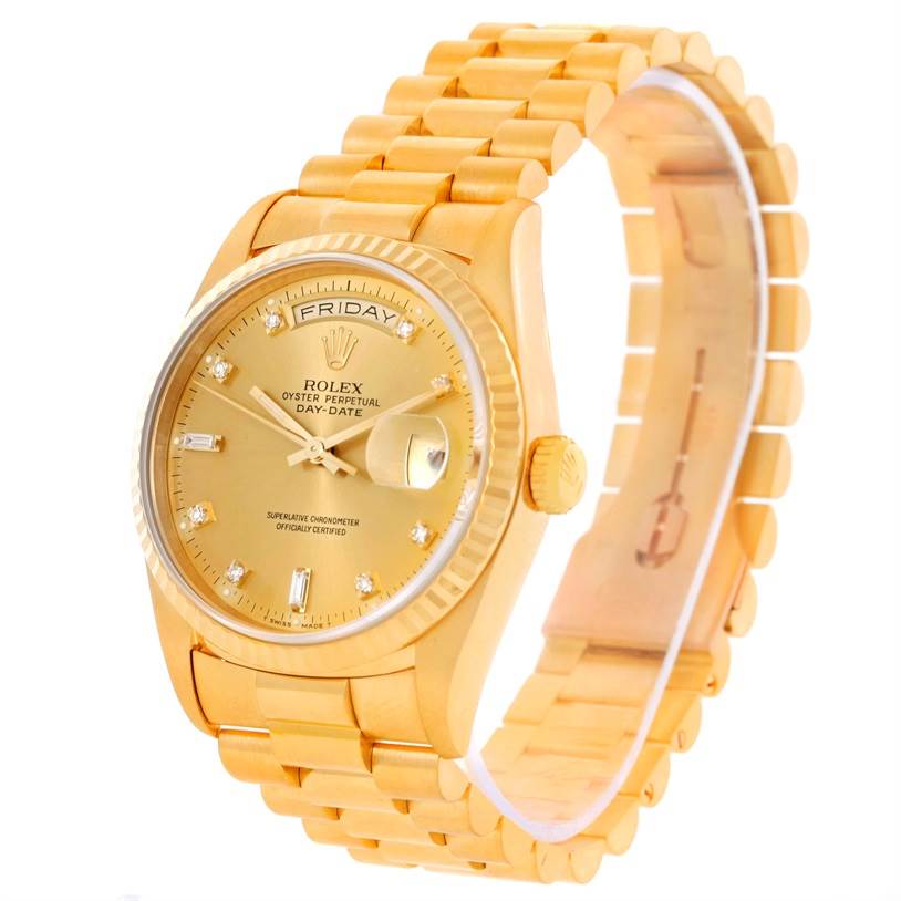 The image shows a side angle of the Rolex President 18238 Men
s Yellow Gold Champagne Dial 18238 Men
s Yellow Gold Champagne Dial model, displaying its gold bracelet, dial, and day-date feature.