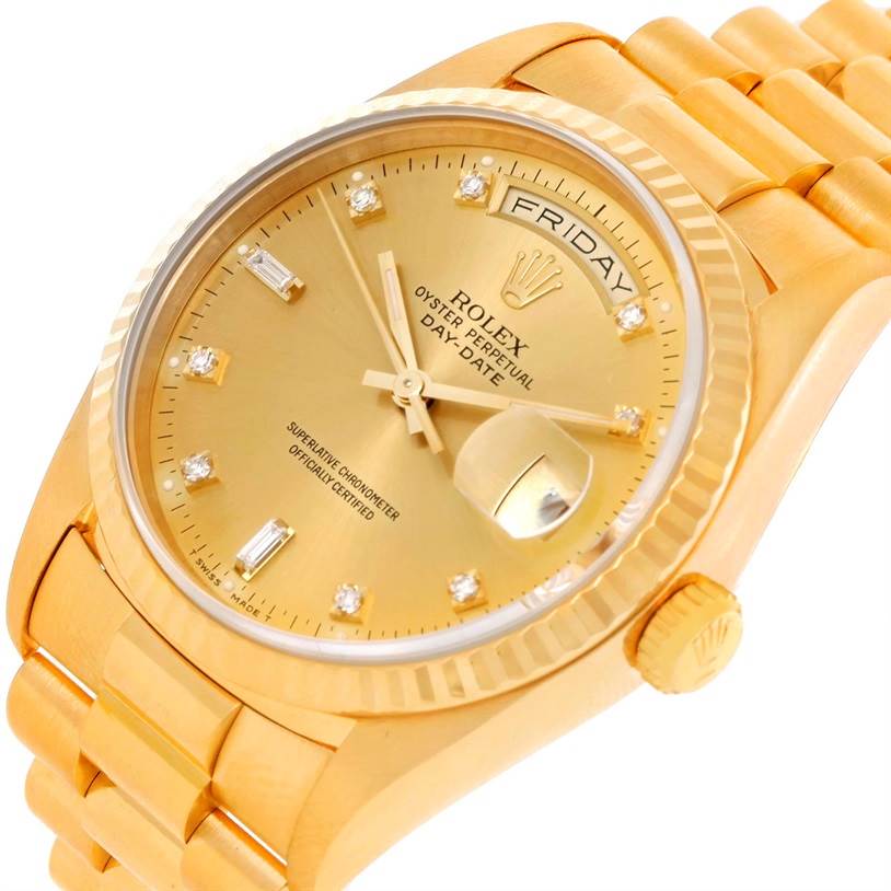 The image shows the Rolex President 18238 Men
s Yellow Gold Champagne Dial 18238 Men
s Yellow Gold Champagne Dial model watch at a 3/4 angle, highlighting the dial, bezel, crown, and part of the bracelet.