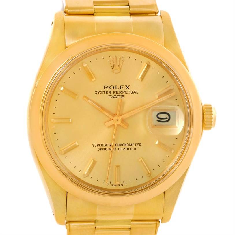 This image shows a front view of a Rolex President 1500 Men
s Yellow Gold Champagne Dial 1500 Men
s Yellow Gold Champagne Dial model watch, featuring the dial, hour markers, hands, date window, and part of the bracelet.