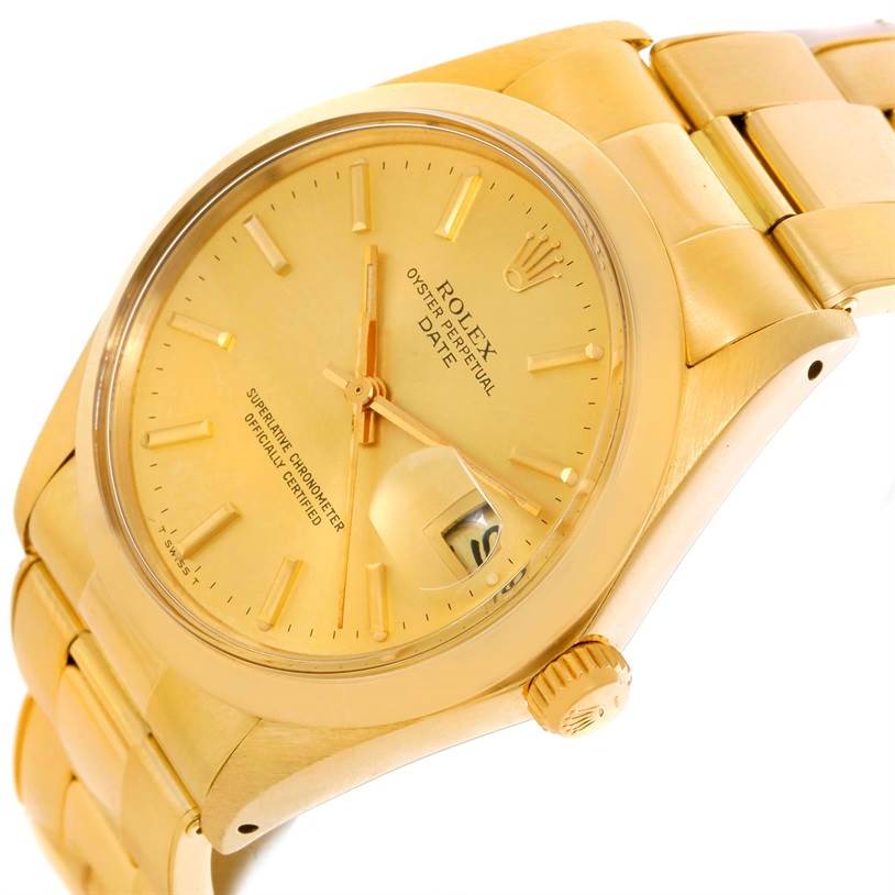 The image shows a side angle of a gold Rolex President 1500 Men
s Yellow Gold Champagne Dial 1500 Men
s Yellow Gold Champagne Dial model, highlighting its dial, case, and part of the bracelet.