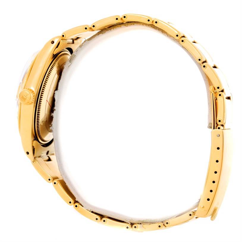 The image shows a side view of a Rolex President 1500 Men
s Yellow Gold Champagne Dial 1500 Men
s Yellow Gold Champagne Dial model watch, highlighting the gold case and bracelet.