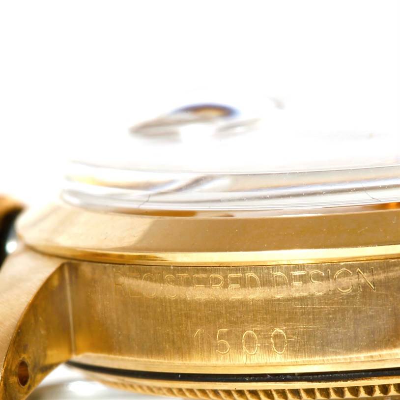 This close-up image shows the side view of the Rolex President 1500 Men
s Yellow Gold Champagne Dial 1500 Men
s Yellow Gold Champagne Dial model watch, highlighting the case and model number 1500 engraving.