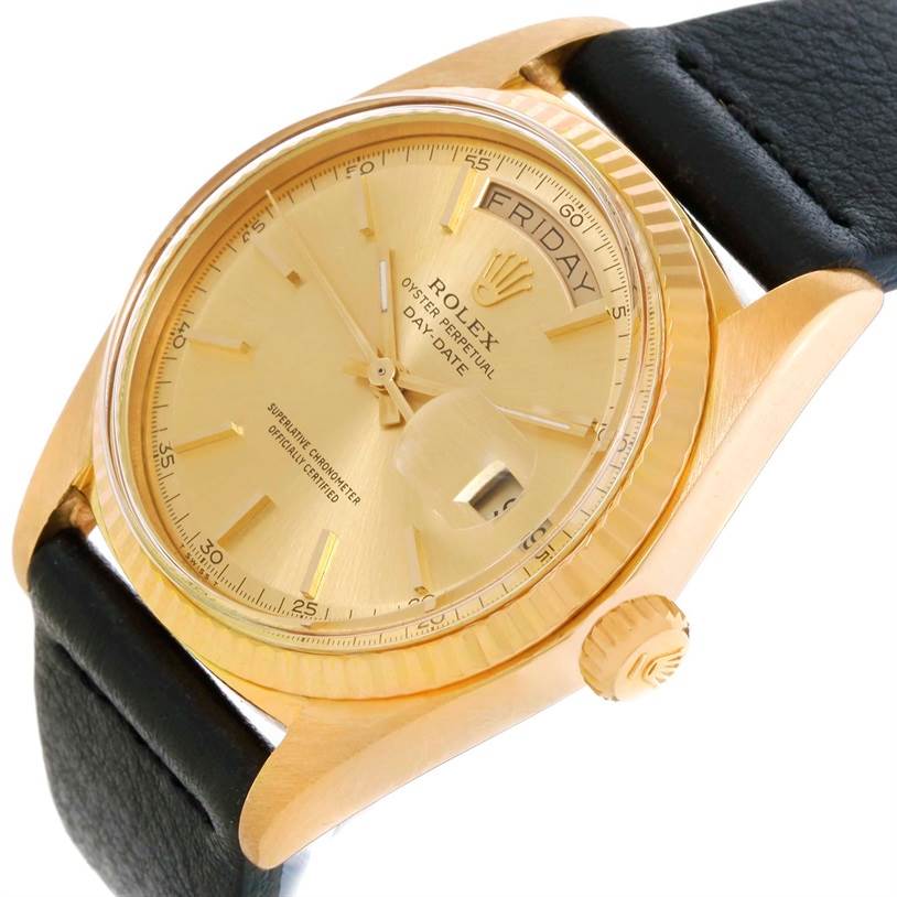 The image shows a close-up of the dial, crown, and part of the leather strap of a Rolex President 1803 Men
s Yellow Gold Champagne Dial 1803 Men
s Yellow Gold Champagne Dial model watch.