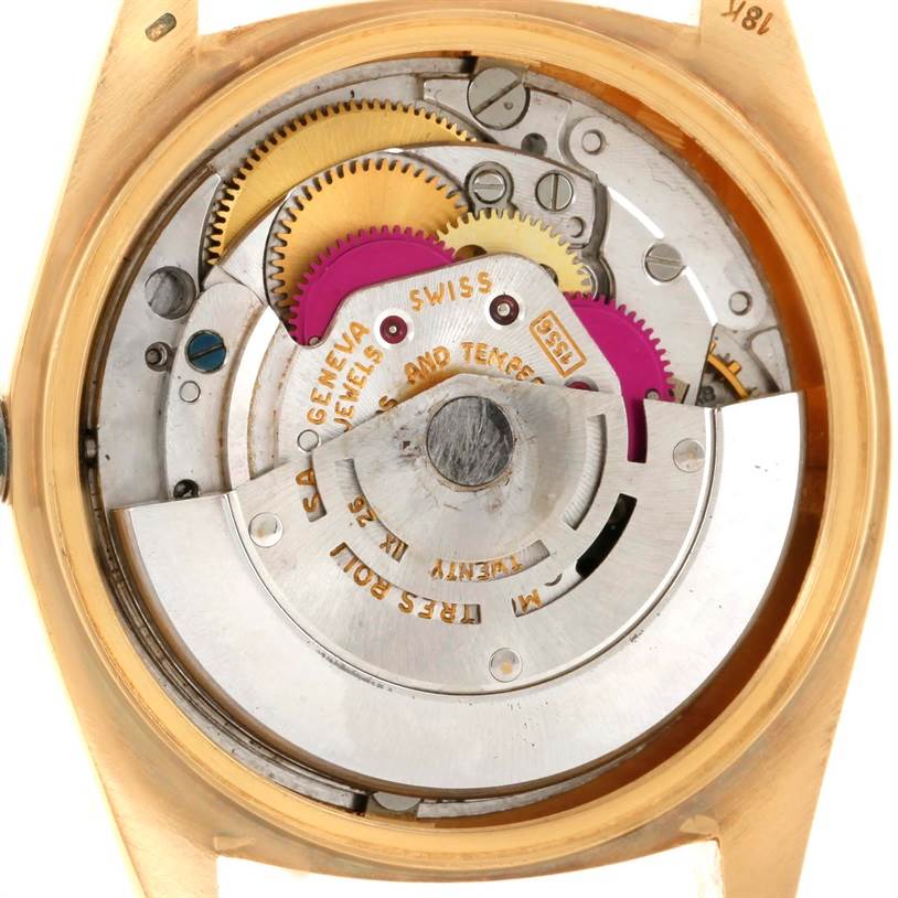 The image shows the internal mechanical movement of a Rolex President 1803 Men
s Yellow Gold Champagne Dial 1803 Men
s Yellow Gold Champagne Dial model watch, viewed from the back.