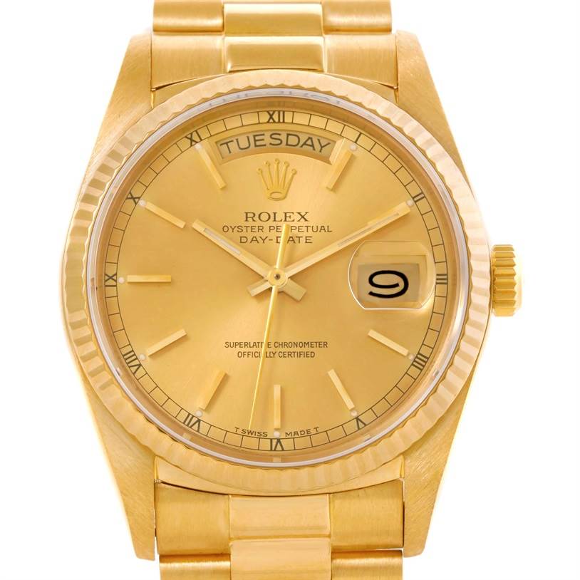 This image shows a Rolex President 18038 Men
s Yellow Gold Champagne Dial 18038 Men
s Yellow Gold Champagne Dial model watch, highlighting its face, bezel, and part of the bracelet.