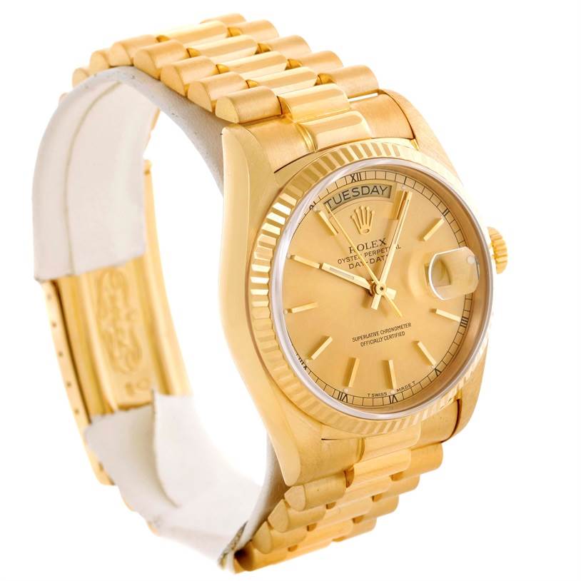 The image shows a President model Rolex watch from a three-quarter angle, displaying the face, bracelet, and crown.