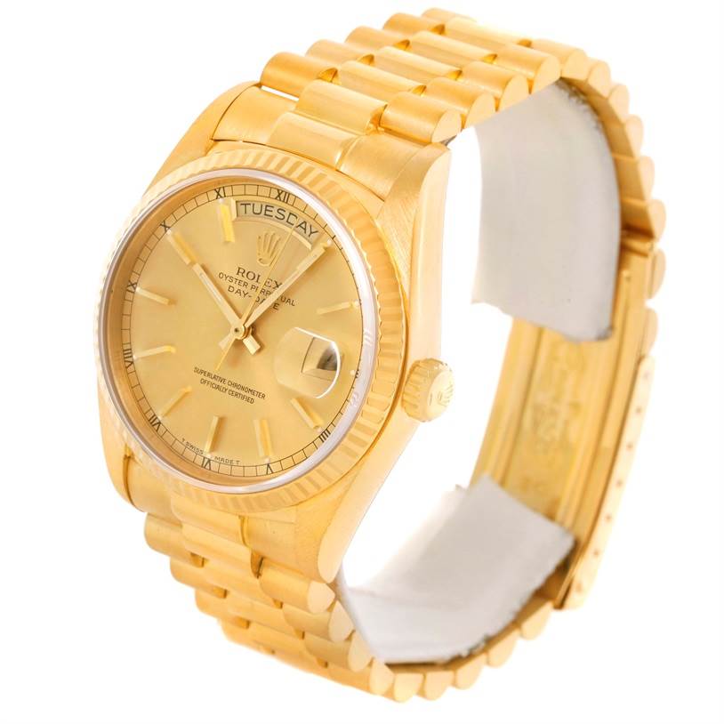 The image shows a side view of a gold Rolex President 18038 Men
s Yellow Gold Champagne Dial 18038 Men
s Yellow Gold Champagne Dial model watch displaying the dial, band, and crown.