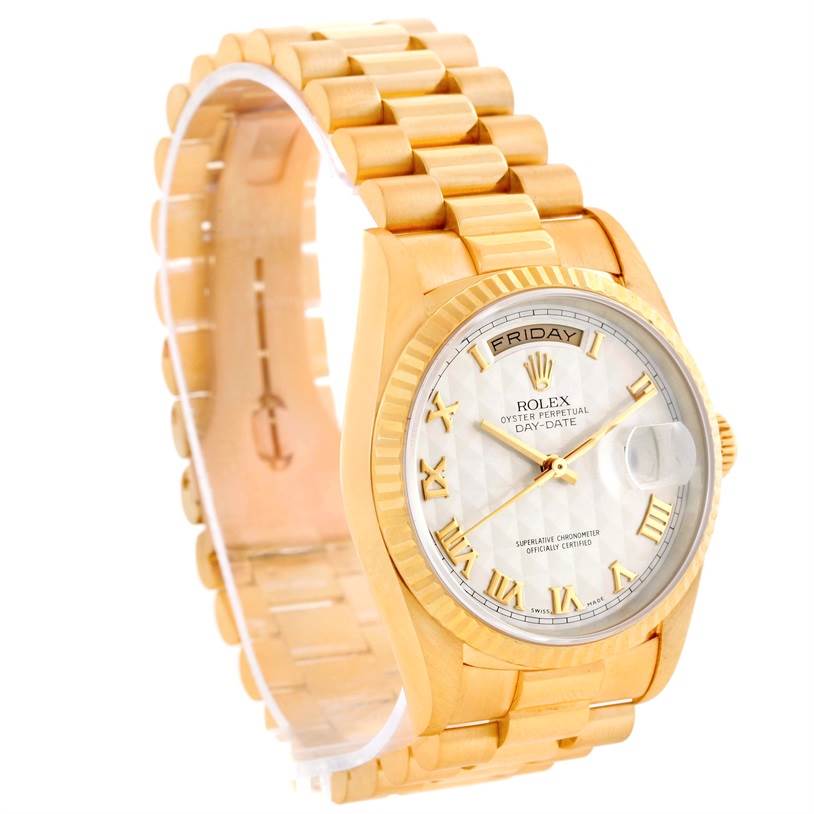 The image shows a Rolex President 18238 Men's Yellow Gold Beige Dial 18238 Men's Yellow Gold Beige Dial model watch from an angled view, highlighting its gold band, bezel, and dial.