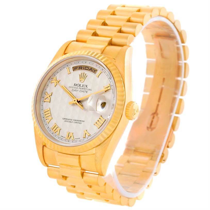 The Rolex President 18238 Men's Yellow Gold Beige Dial 18238 Men's Yellow Gold Beige Dial model watch is shown at an angle emphasizing its face, bracelet, and side profile.