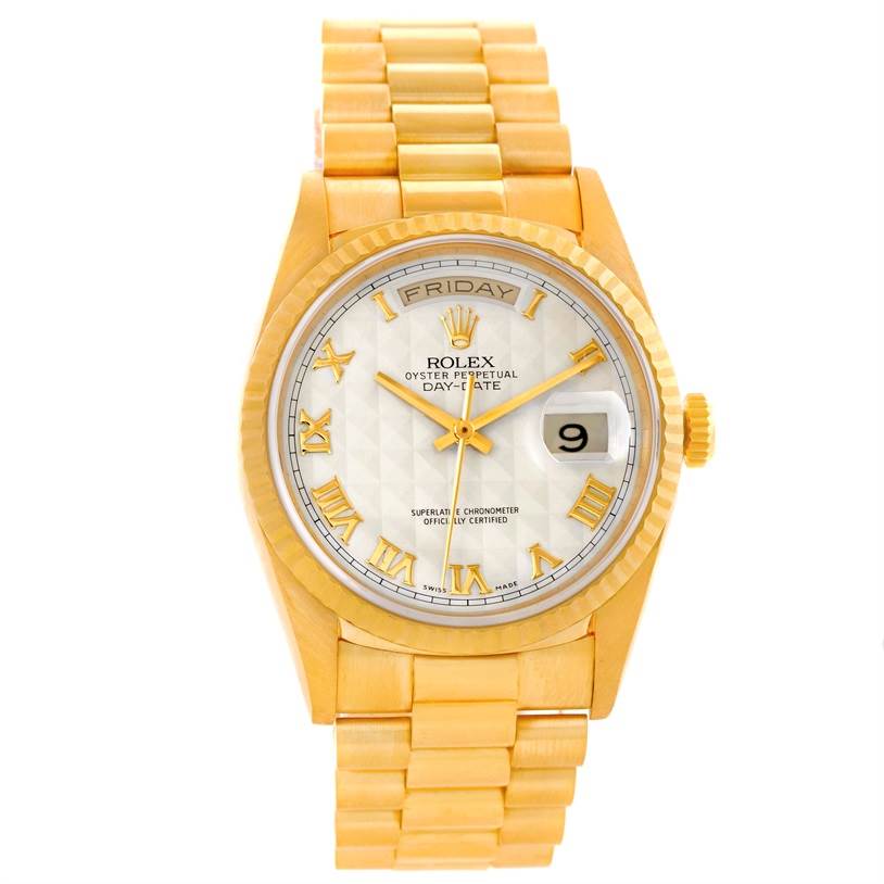 This Rolex President 18238 Men's Yellow Gold Beige Dial 18238 Men's Yellow Gold Beige Dial model watch is shown from the front, displaying its dial, hands, markers, bezel, crown, and bracelet.