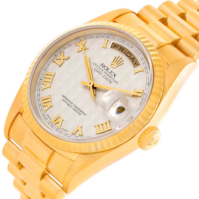 The image shows a close-up of a Rolex President 18238 Men's Yellow Gold Beige Dial 18238 Men's Yellow Gold Beige Dial model watch, highlighting the dial, bezel, bracelet, and crown from an angled view.