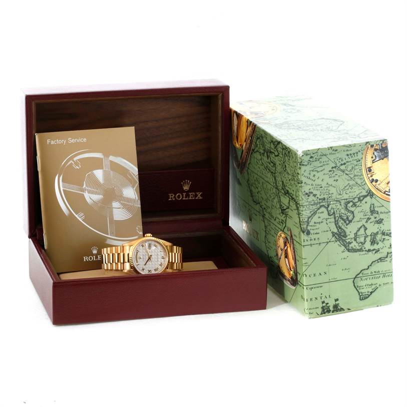 The Rolex President 18238 Men's Yellow Gold Beige Dial 18238 Men's Yellow Gold Beige Dial watch is displayed inside an open case, accompanied by a booklet and outer decorative box.