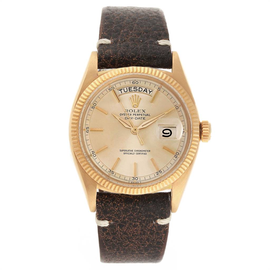 The image shows a frontal view of the Rolex President 6611 Men's Yellow Gold Champagne Dial 6611 Men's Yellow Gold Champagne Dial watch, highlighting the watch face, day-date window, and leather strap.