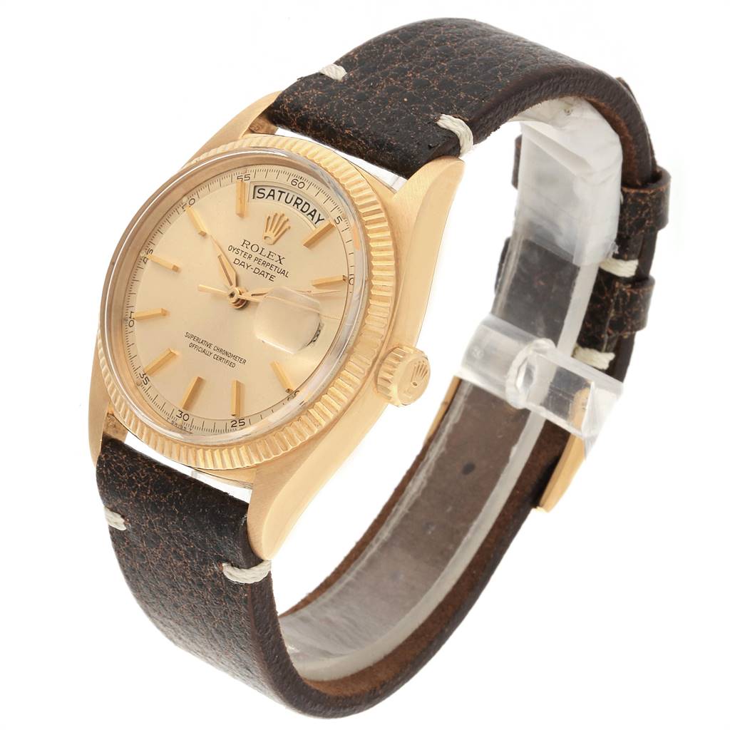 The image shows a Rolex President 6611 Men's Yellow Gold Champagne Dial 6611 Men's Yellow Gold Champagne Dial watch angled to display its face, bezel, crown, and leather strap.