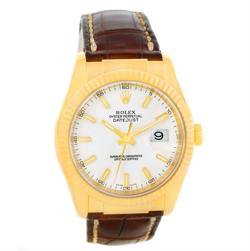 The image shows a front angle of a Rolex President 116138 Men's Yellow Gold White Dial 116138 Men's Yellow Gold White Dial model watch, highlighting the face, bezel, and leather strap.