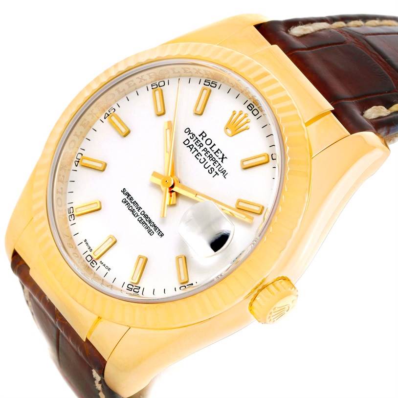The image shows a Rolex President 116138 Men's Yellow Gold White Dial 116138 Men's Yellow Gold White Dial model watch at a slight angle, highlighting the dial, crown, and part of the leather strap.