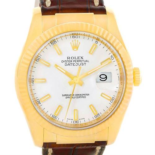 Photo of Rolex Datejust 18K Yellow Gold Leather Strap Mens Watch 116138