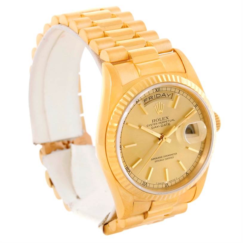 The image shows a Rolex President 18238 Men
s Yellow Gold Champagne Dial 18238 Men
s Yellow Gold Champagne Dial Day-Date watch at a three-quarter angle, highlighting the dial, bezel, case, and bracelet.