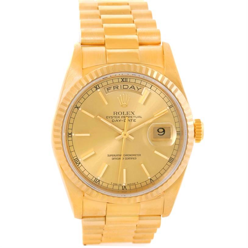 The Rolex President 18238 Men
s Yellow Gold Champagne Dial 18238 Men
s Yellow Gold Champagne Dial model watch is shown from a front angle, featuring the dial, bezel, crown, and part of the bracelet.