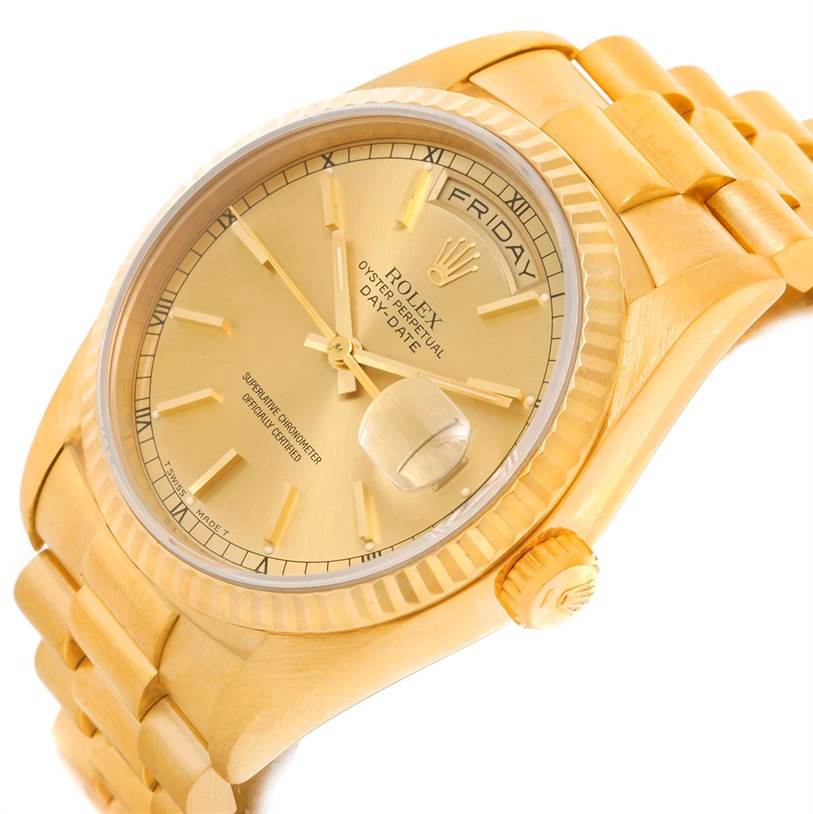The Rolex President 18238 Men
s Yellow Gold Champagne Dial 18238 Men
s Yellow Gold Champagne Dial model watch is shown at an angled close-up, highlighting the dial, bezel, and bracelet.