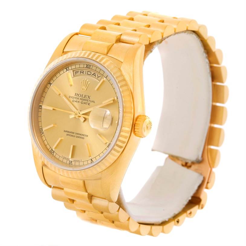 This image shows a Rolex President 18238 Men
s Yellow Gold Champagne Dial 18238 Men
s Yellow Gold Champagne Dial model watch at a three-quarter angle, displaying the dial, case, crown, and bracelet.