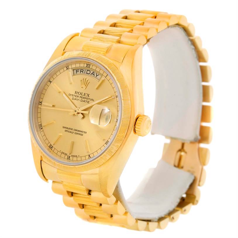 The image shows a Rolex President 18078 Yellow Gold Champagne Dial 18078 Yellow Gold Champagne Dial model watch at a three-quarter angle, displaying its gold bracelet, case, dial, and crown.