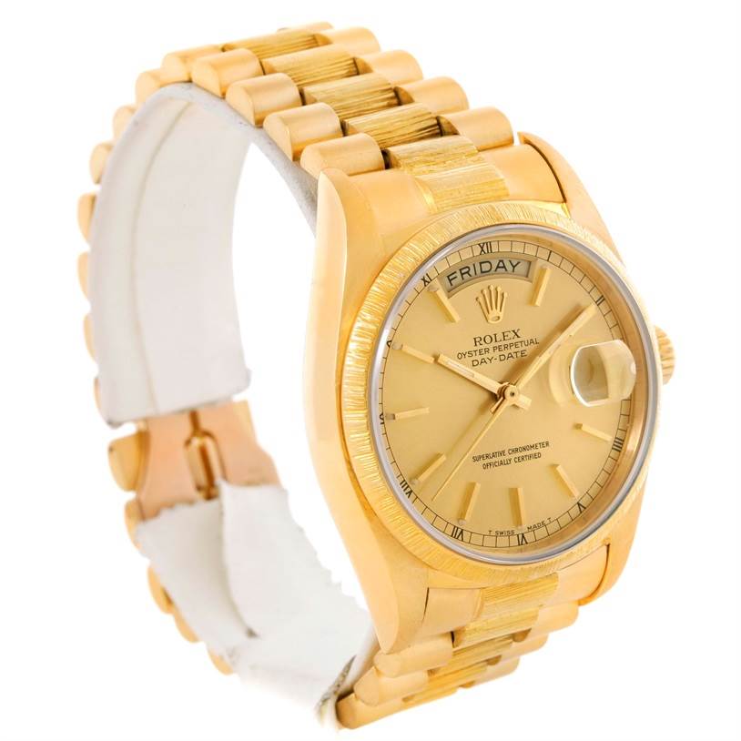 The Rolex President 18078 Yellow Gold Champagne Dial 18078 Yellow Gold Champagne Dial model watch is shown at a slight angle from the front, highlighting its gold dial, bracelet, and day-date feature.